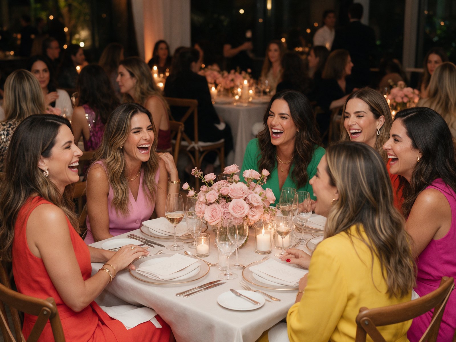 Mulheres conversando e rindo em um jantar com flores rosé